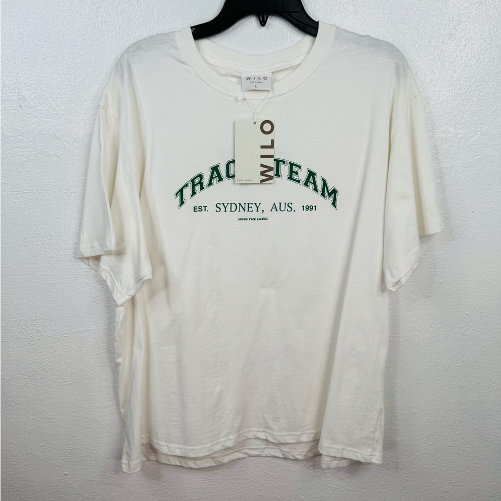 WILO The Label T-Shirt Size L Oversized White Green Track Team Graphic Crew Neck